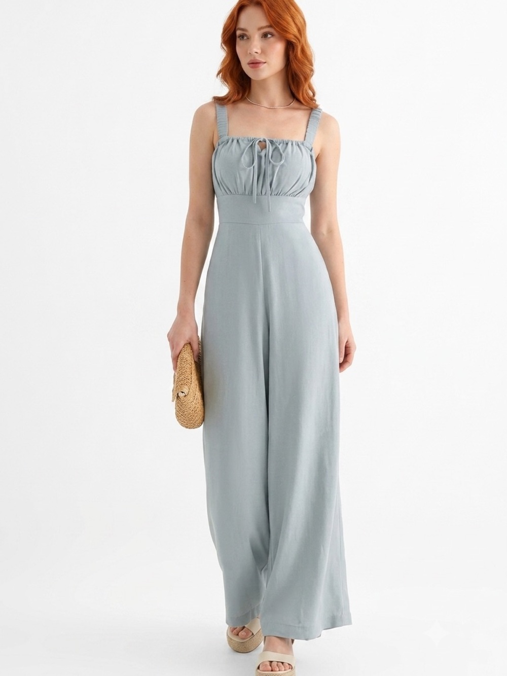 Smocked Bust Wide Leg Jumpsuit in Pale Blue